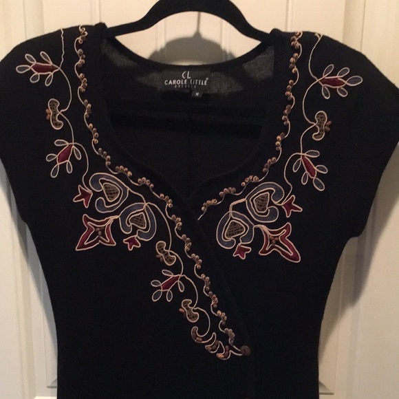 M Long Black Dress Cap-Sleeve,Intricate Beading and Appliqué by Carole Little - Picture 13 of 14